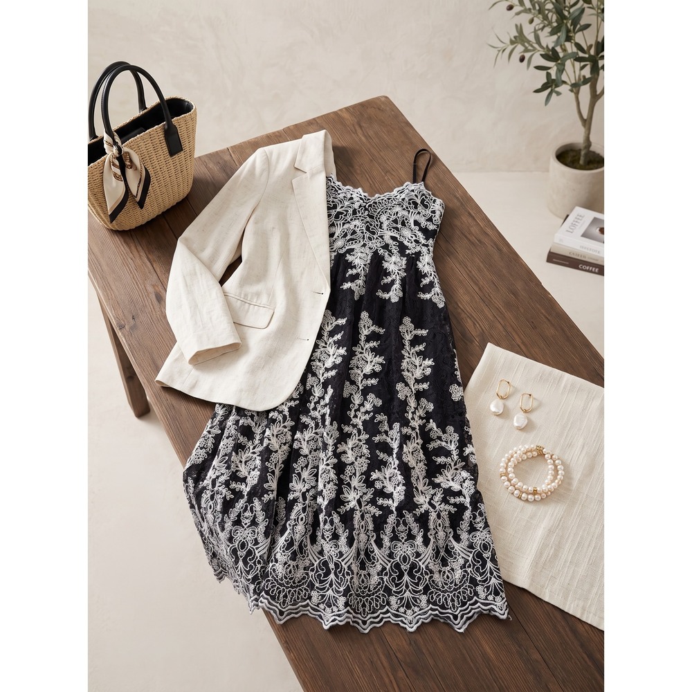 Express Womens S Black Ivory Embroidered Lace Cami Fit Flare Mini Dress